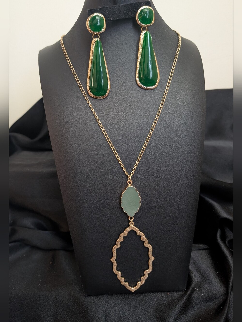 #30. Long Green & Gold Pendant Necklace & Earrings
